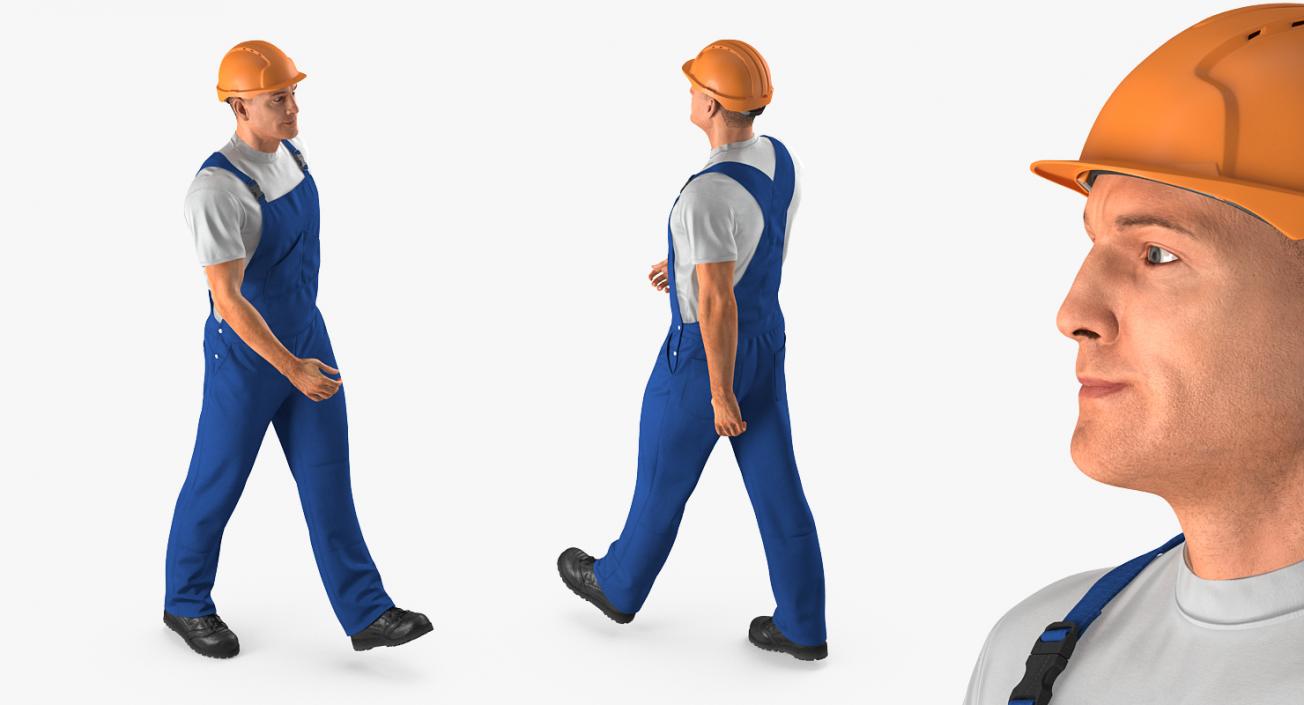 3D Construction Worker Blue Uniform with Hardhat Walking Pose model