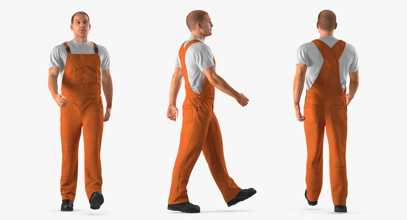 Worker Wearing Orange Overalls Rigged 3D