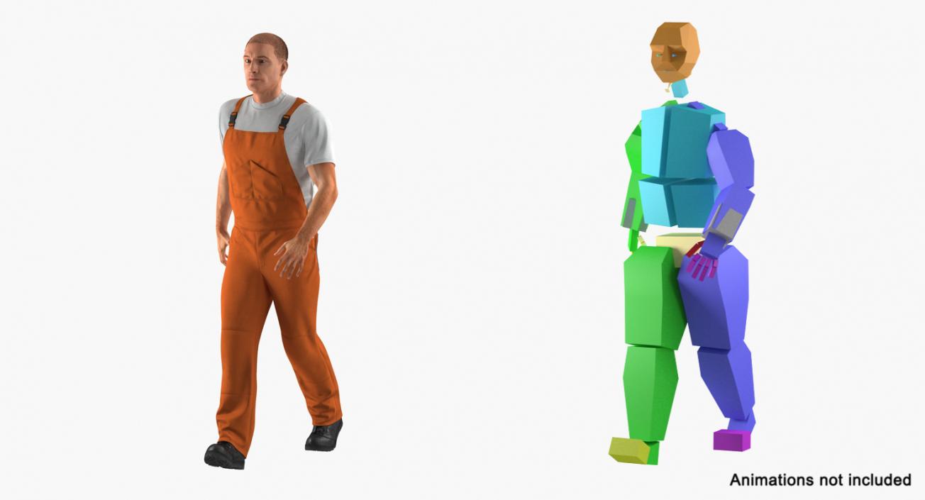 Worker Wearing Orange Overalls Rigged 3D