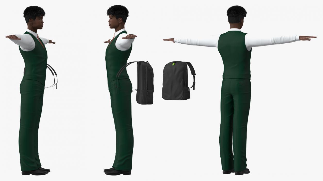 Black Teenager Dark Skin School Uniform Neutral Pose 3D
