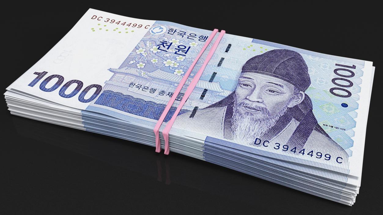 Rubber Band Stack of South Korean 1000 Won 3D