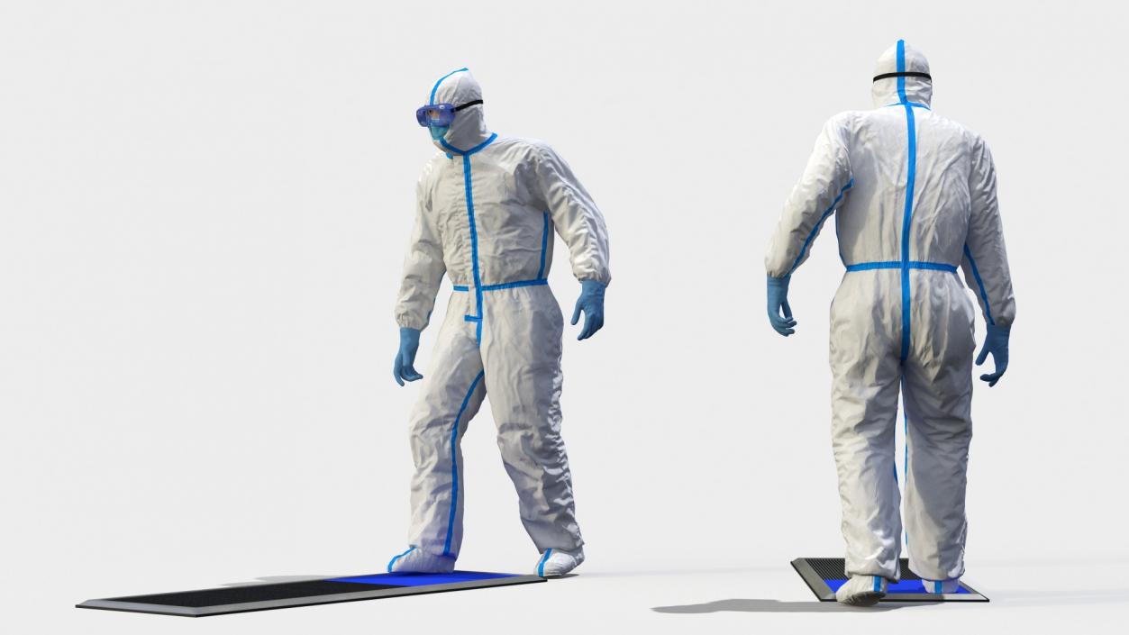 Man in Medical Protective Suit with Cleanroom Sticky Mats 3D