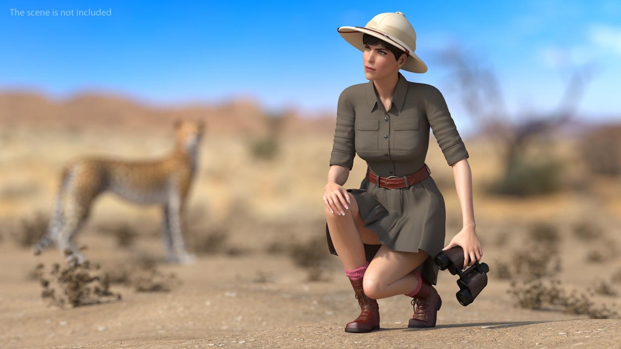 3D Women in Safari Costume Crouching Pose model