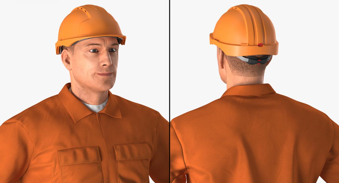 Factory Worker Orange Overalls with Hardhat Standing Pose 3D