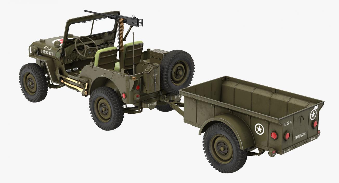 3D model Willys Jeep MB 44 with Trailer Ambulance