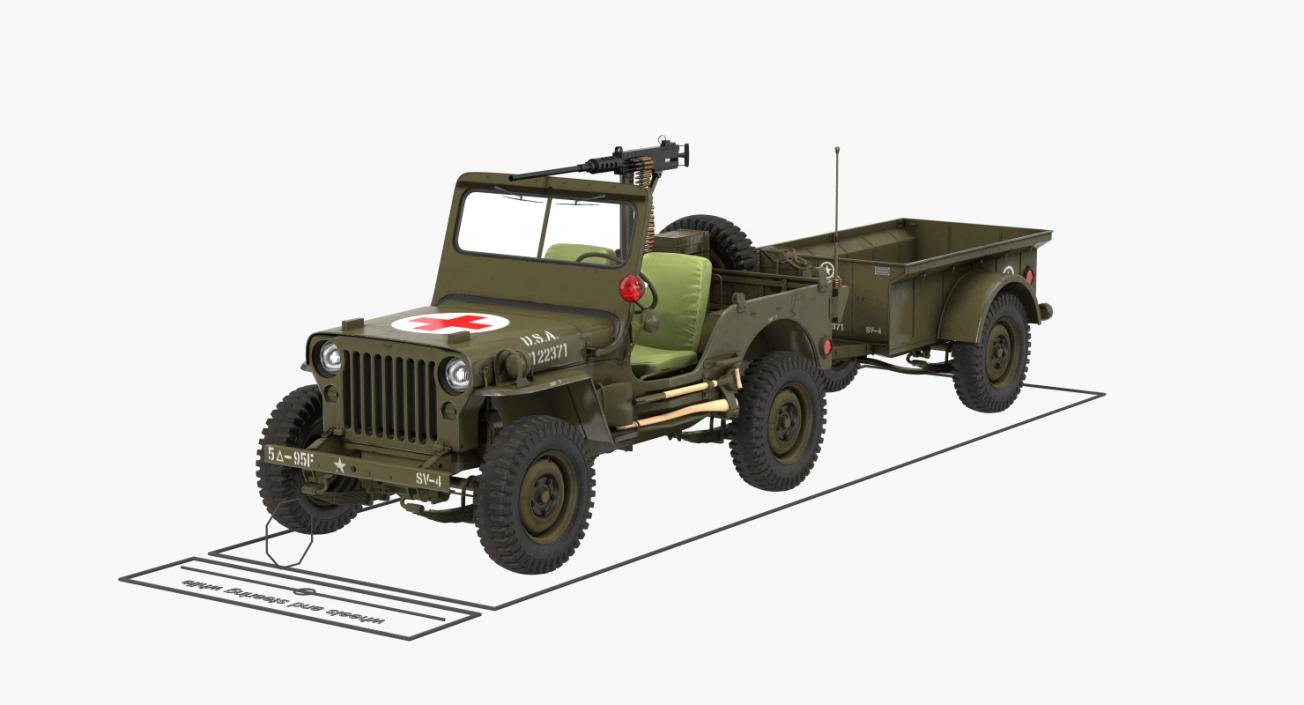 3D model Willys Jeep MB 44 with Trailer Ambulance