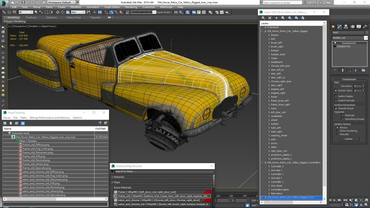 Old Hover Retro Car Yellow Rigged for Cinema 4D 3D