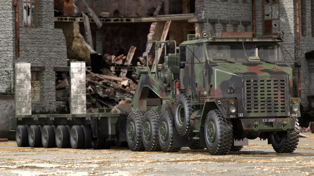 Dirty Camouflage Oshkosh M1070 Tank Transporter Tractor with M1000 Semi-Trailer 3D model