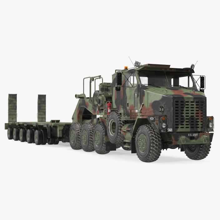 Dirty Camouflage Oshkosh M1070 Tank Transporter Tractor with M1000 Semi-Trailer 3D model