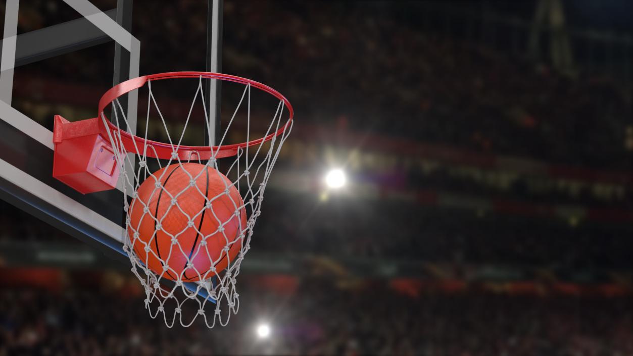 3D Animated Basketball Falls Through Hoop model