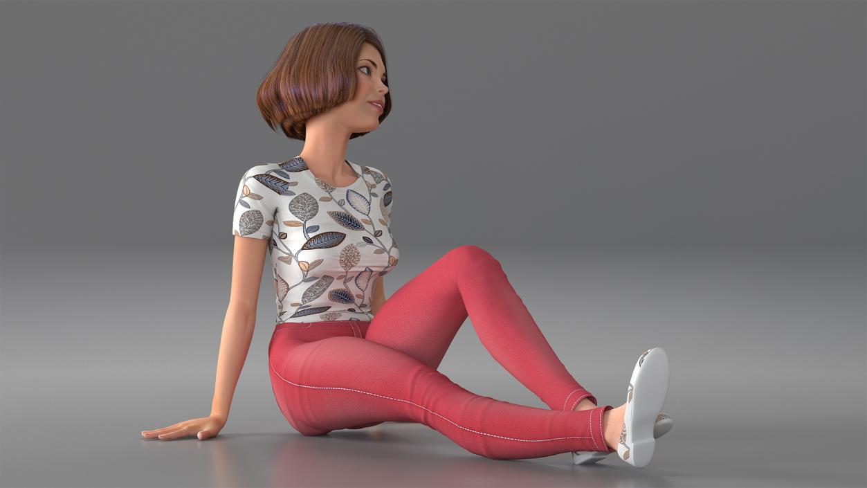 Cartoon Young Woman Casual Clothes Sitting Pose 3D