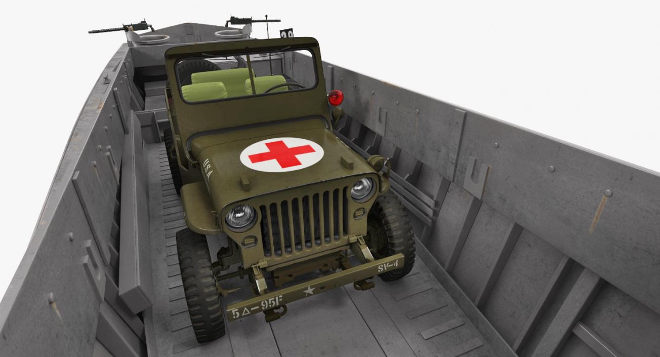 Higgins Boat with Ambulance Jeep 3D