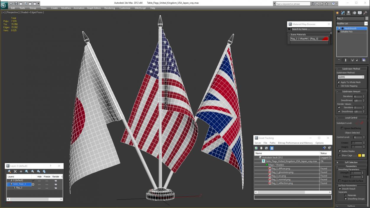 3D Table Flags United Kingdom USA Japan