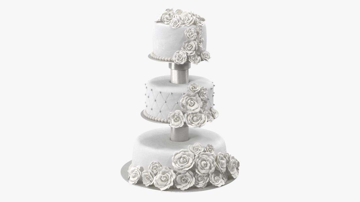 3D model White Three Tier Wedding Cake with Roses