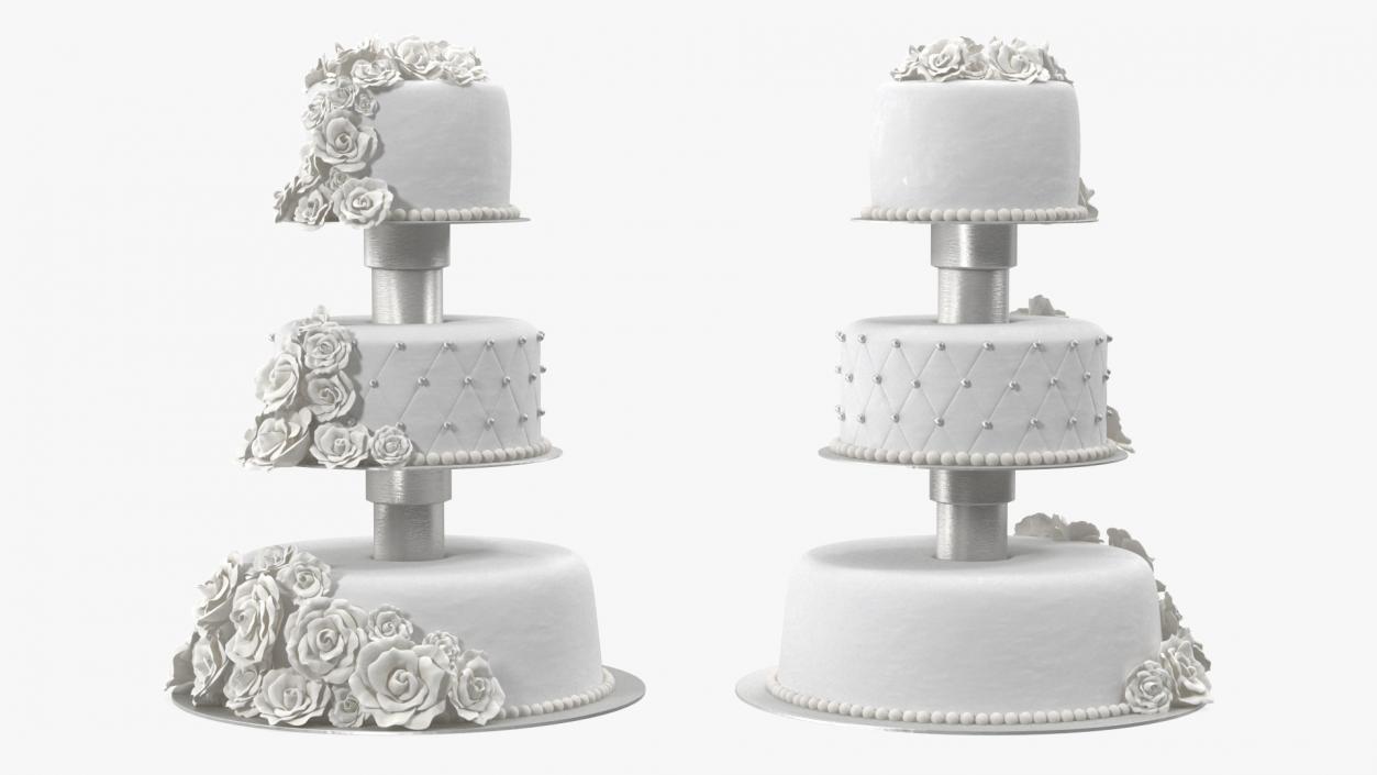 3D model White Three Tier Wedding Cake with Roses