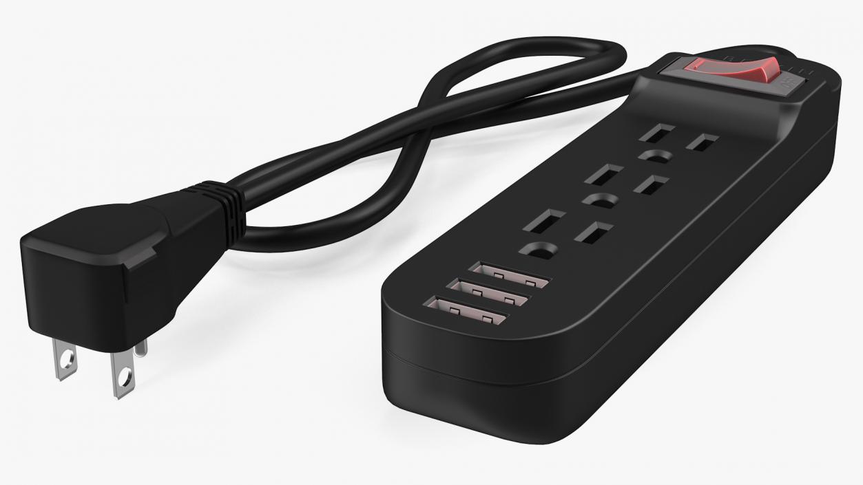 3 Outlets Smart Black Mini Power Strip with USB 3D