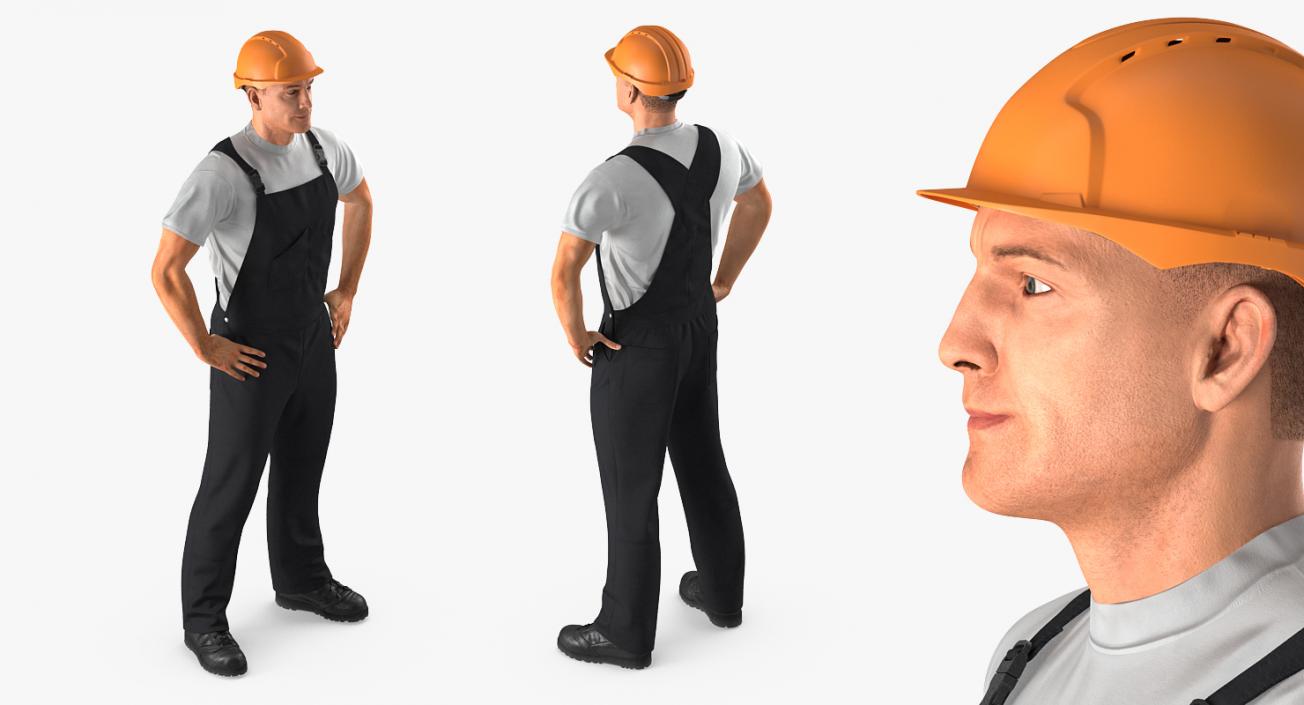 3D model Construction Worker Black Uniform with Hardhat Standing
