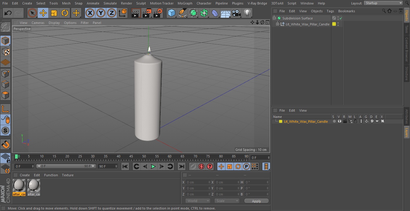 Lit White Wax Pillar Candle 3D