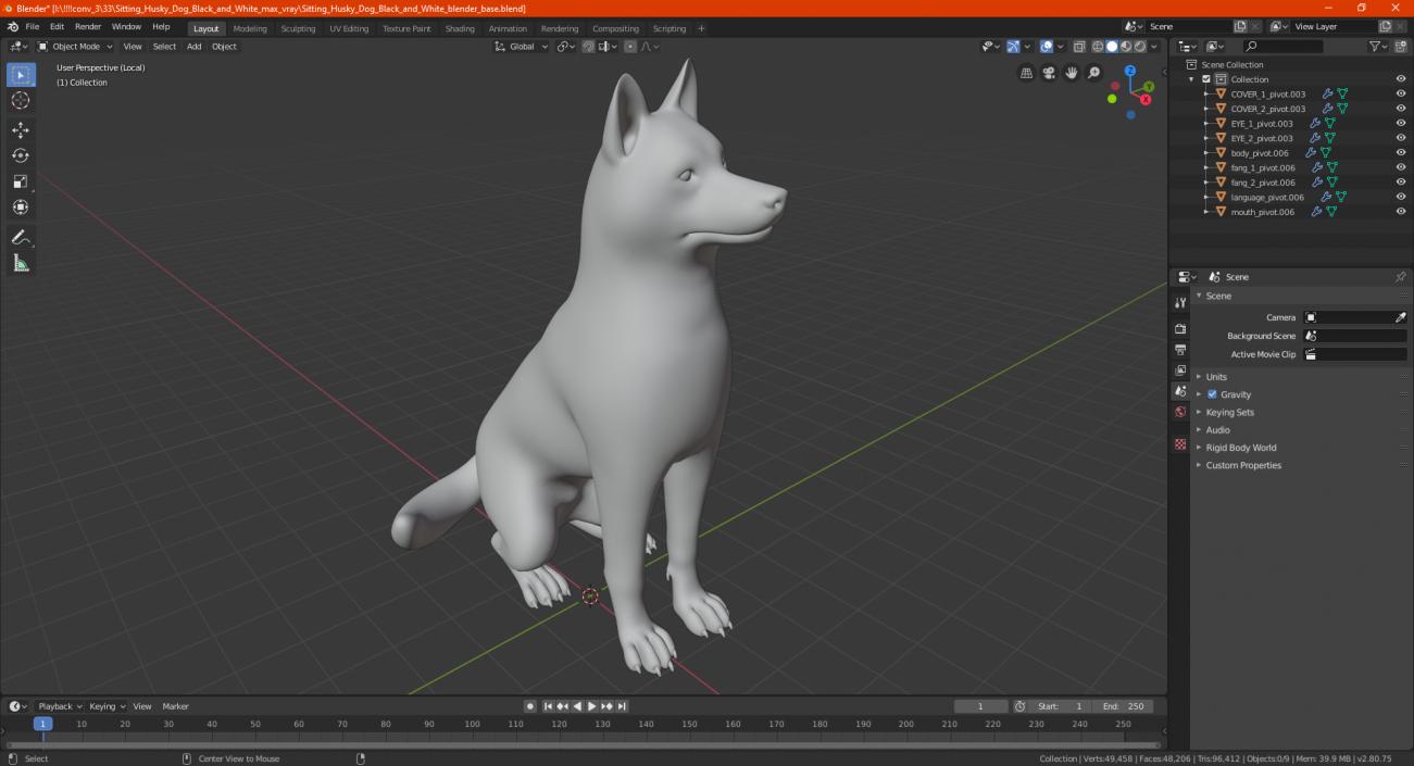 3D Sitting Husky Dog Black and White model