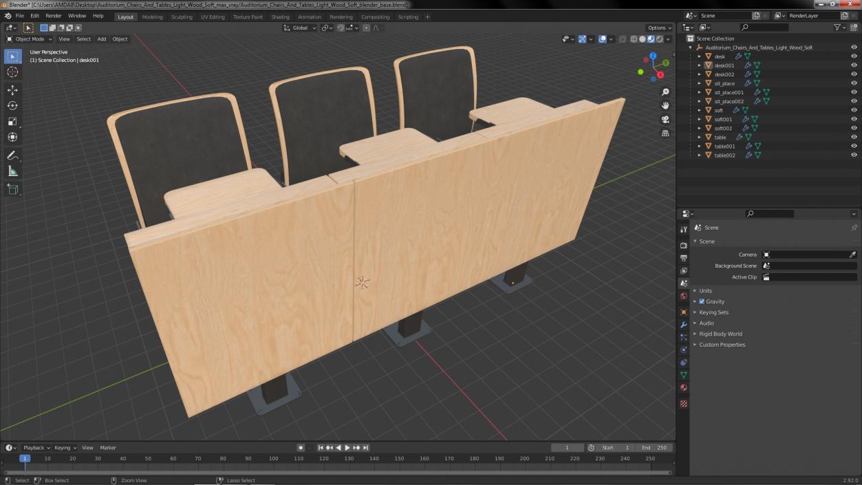 Auditorium Chairs And Tables Light Wood Soft 3D model