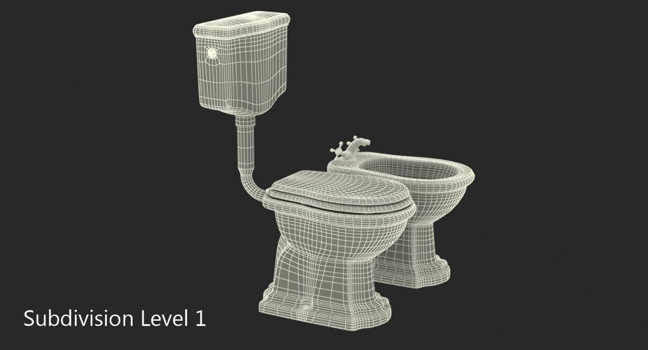 Old Style High Level Toilet and Bidet 3D