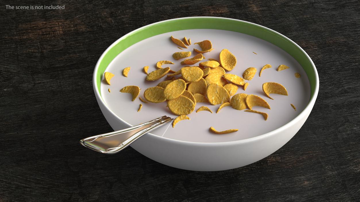 Bowl of Corn Flakes with Milk and Spoon 3D model