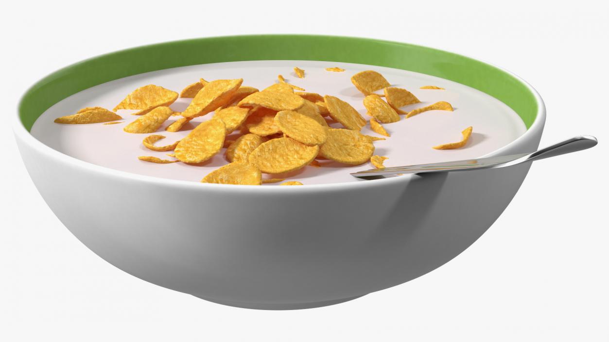Bowl of Corn Flakes with Milk and Spoon 3D model
