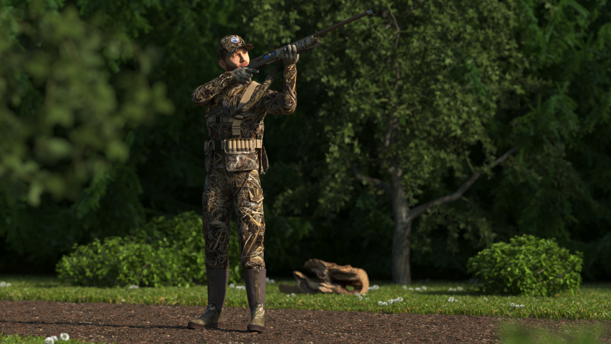 3D model Aiming Duck Hunter with Gun in Grass Camo Fur