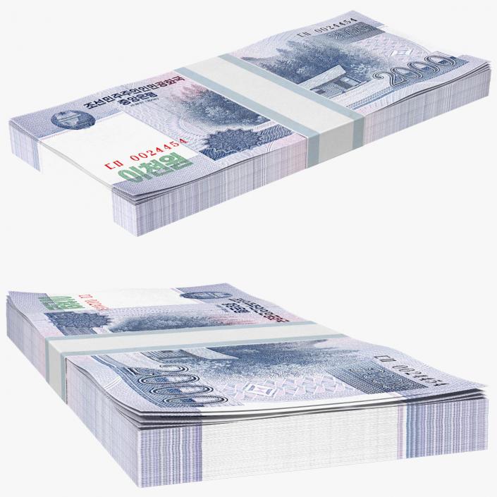 North Korea 2000 Won Banknotes Bundle 3D