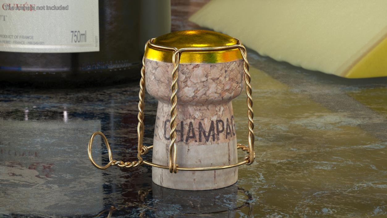 3D Champagne Bottle Cork with Yellow Wire Upright