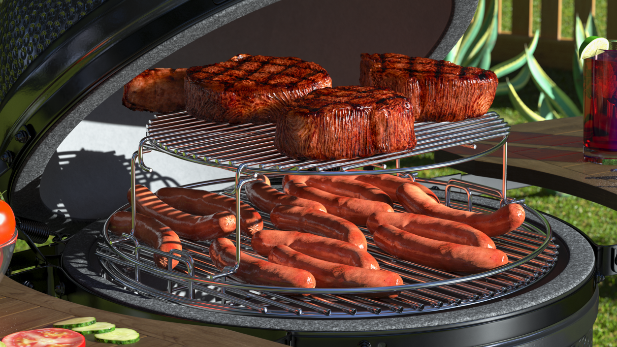 Kamado Style Barbecue Grill Open with Meat and Vegetables 3D
