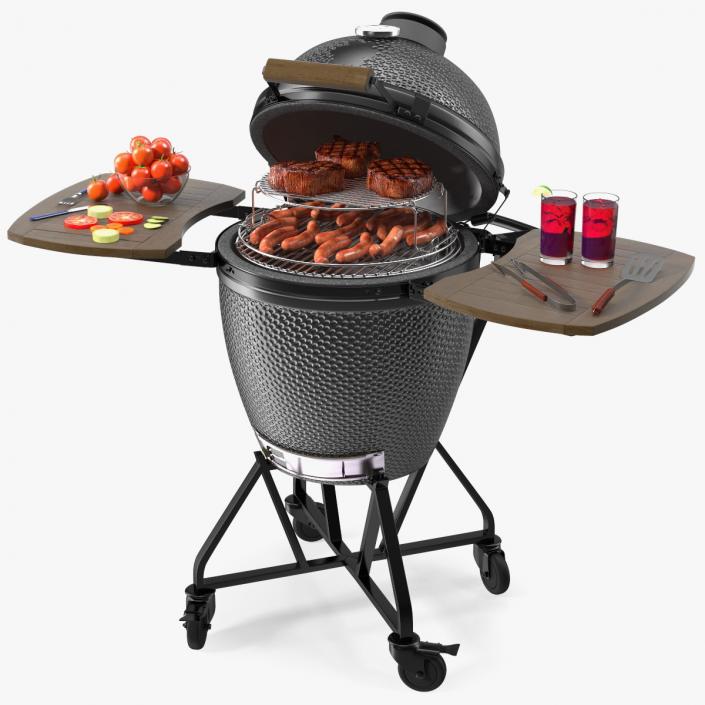 Kamado Style Barbecue Grill Open with Meat and Vegetables 3D
