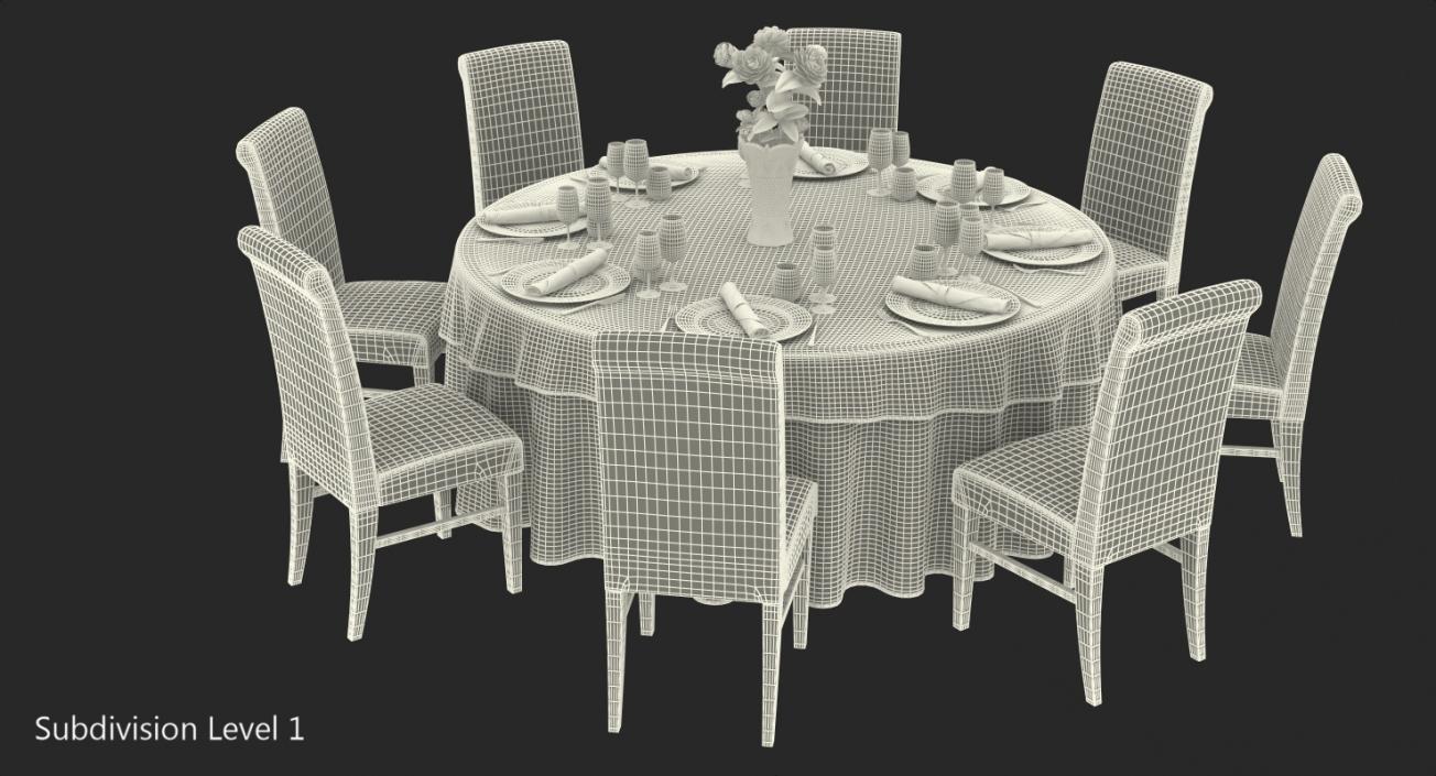 3D Round Restaurant Table Served With 8 Chairs model