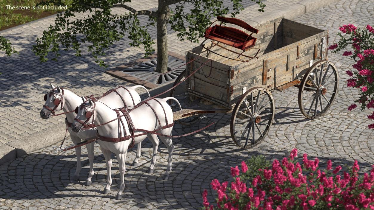 3D Pair Of White Horses with Wagon