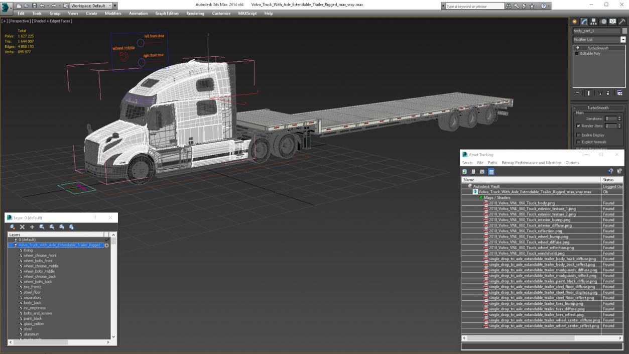 Volvo Truck with Axle Extendable Trailer Rigged 3D