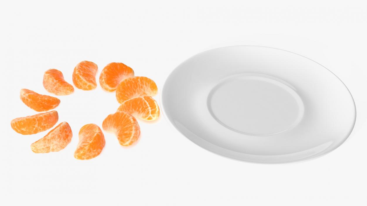 3D Peeled Mandarin Orange Segments on White Plate