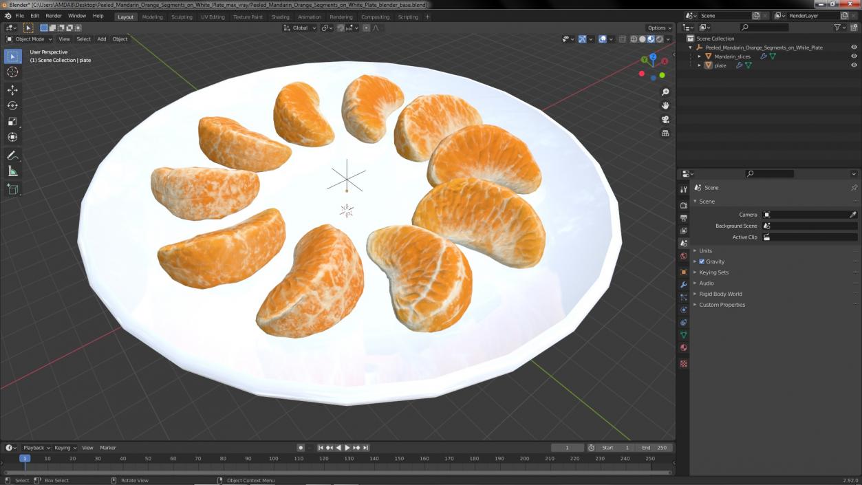 3D Peeled Mandarin Orange Segments on White Plate