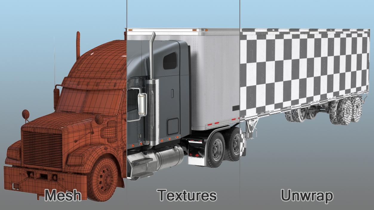 Heavy Duty Long Hood Truck with Semi Trailer 3D model