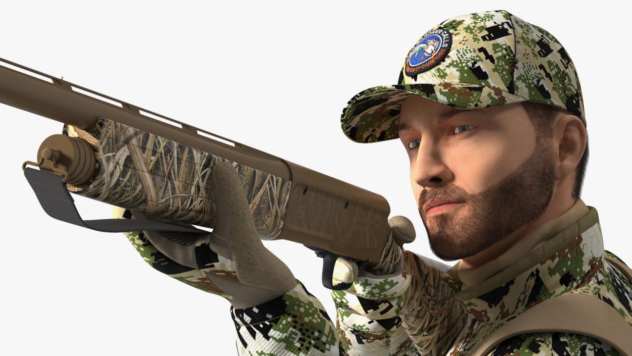 Shooting Hunter Man with Gun in Forest Camo Fur 3D