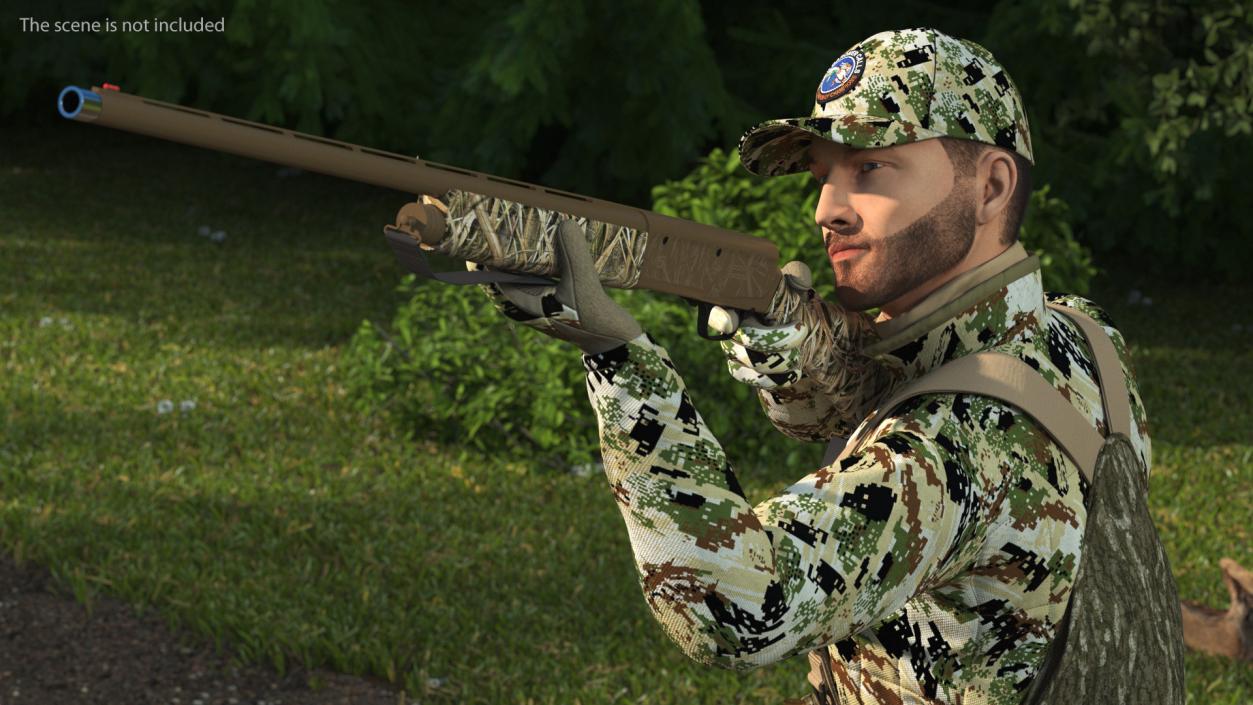 Shooting Hunter Man with Gun in Forest Camo Fur 3D