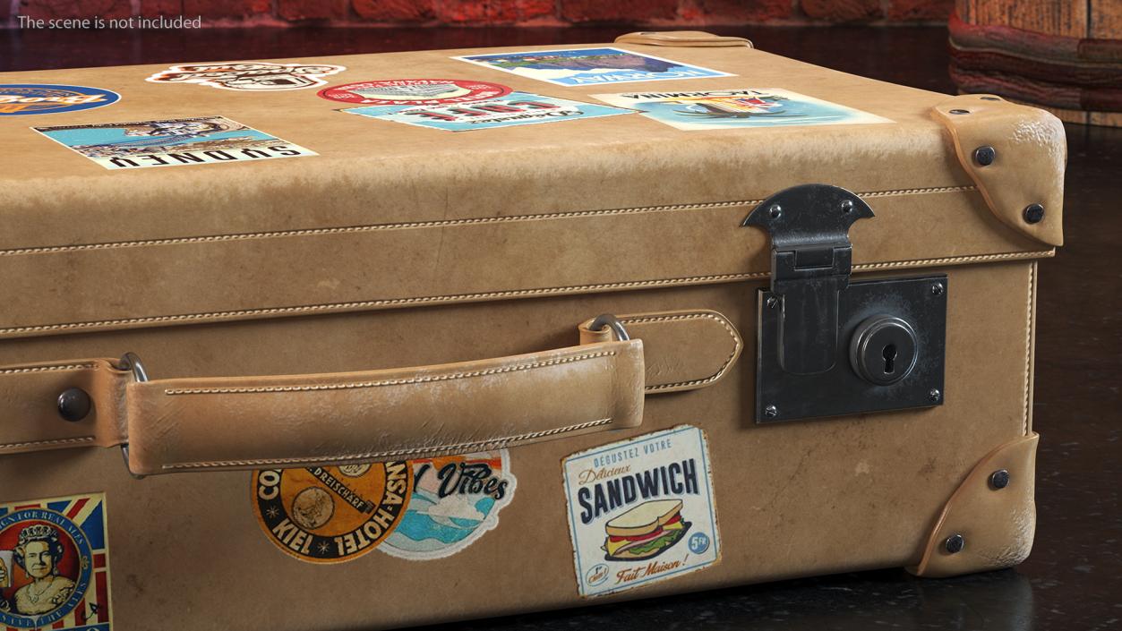 3D Vintage Leather Suitcase Small with Travel Stickers