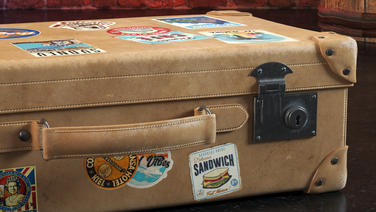 3D Vintage Leather Suitcase Small with Travel Stickers