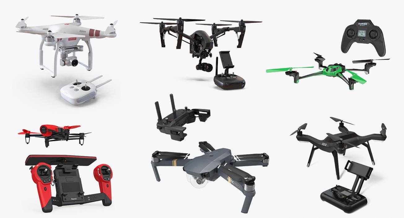 3D Quadcopters with Remote Controllers Rigged Collection model