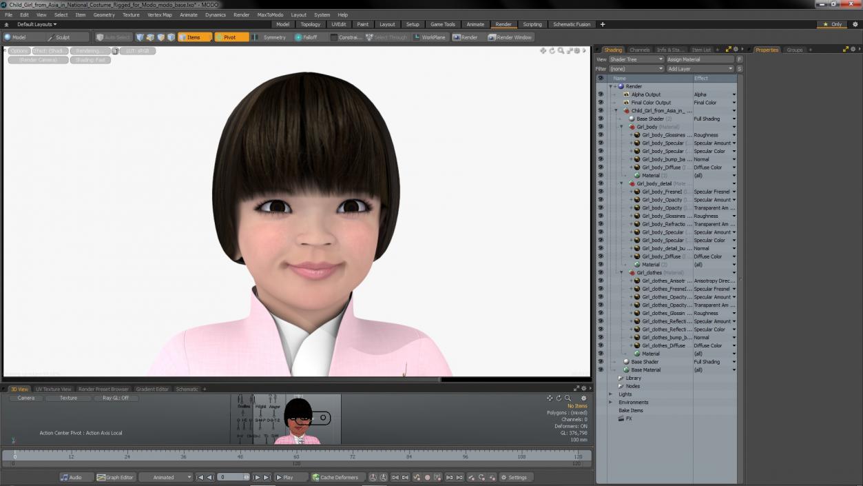 3D Child Girl from Asia in National Costume Rigged for Modo