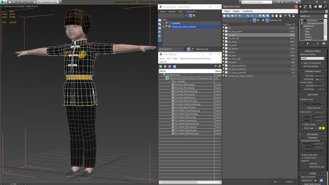 3D model Chinese Girl Child in Kimono T-Pose