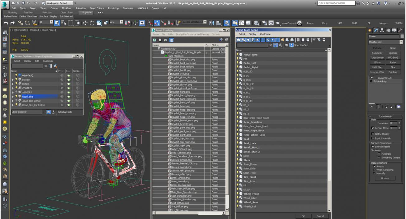 3D Bicyclist in Red Suit Riding Bicycle Rigged model