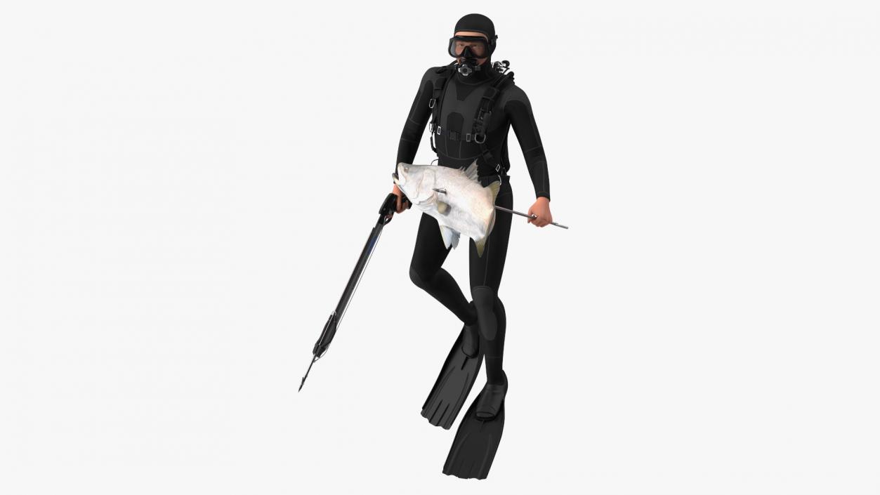 3D model Diver with Underwater Speargun and Fish Rigged for Maya