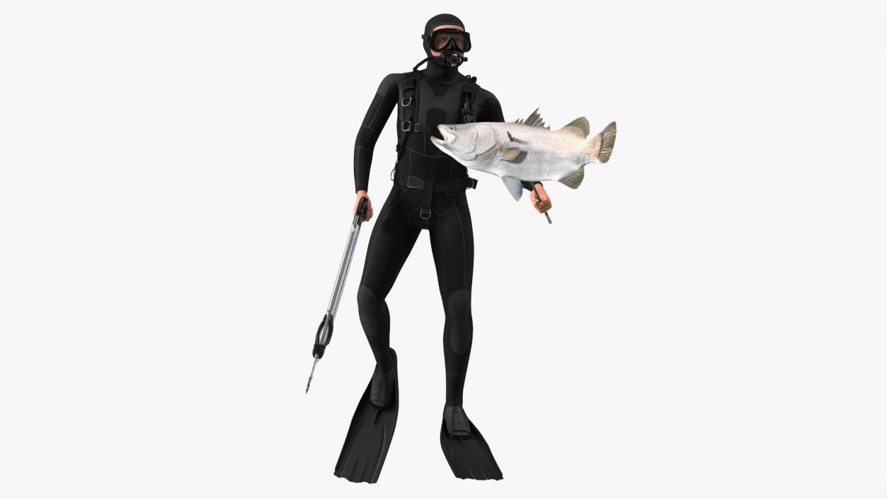 3D model Diver with Underwater Speargun and Fish Rigged for Cinema 4D