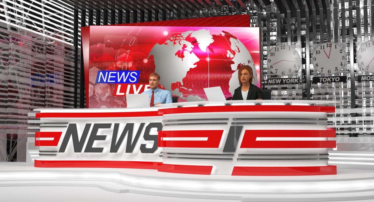 3D Big News TV Studio with Presenters Rigged