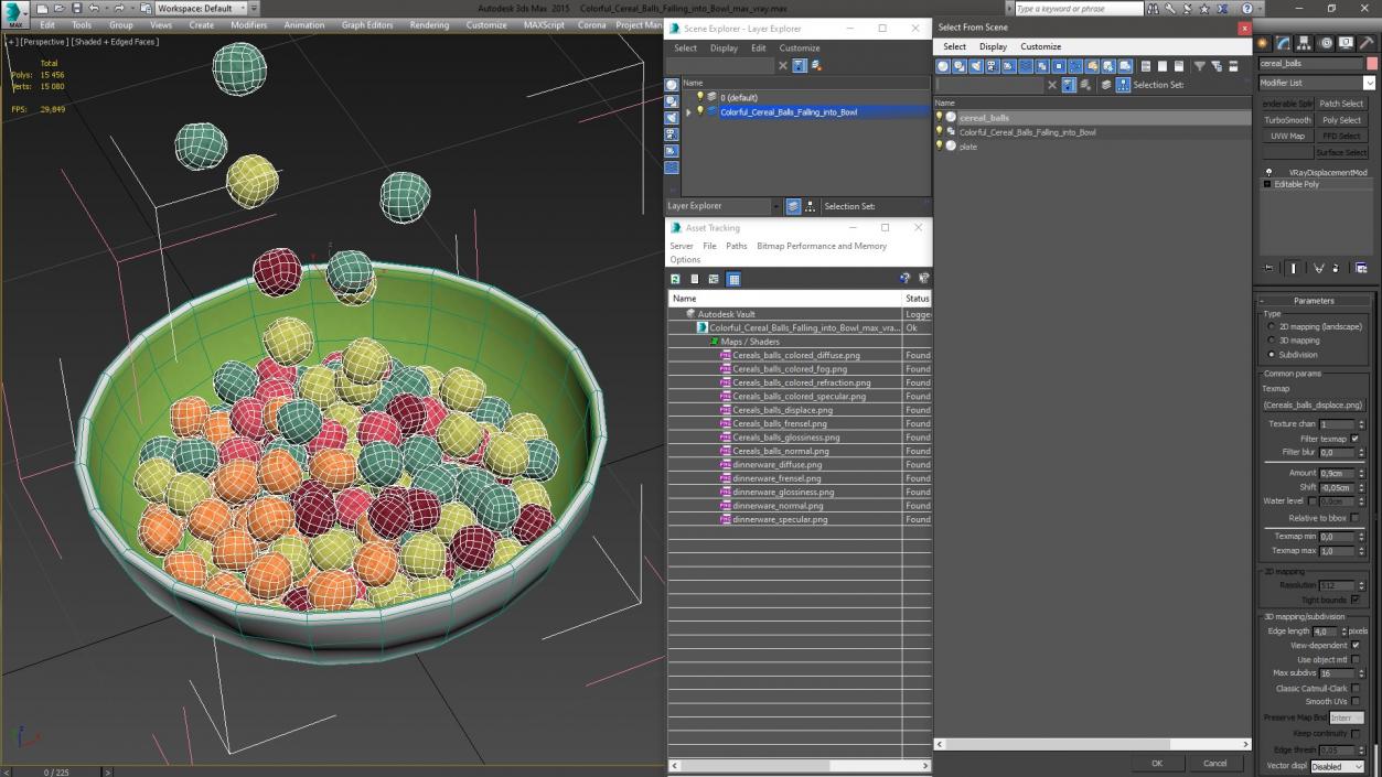 Colorful Cereal Balls Falling into Bowl 3D model
